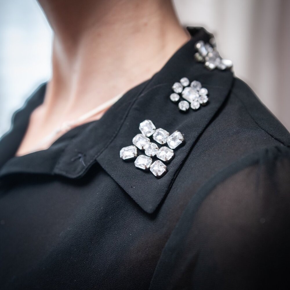 Michael Kors Embellished Collar Sheer Blouse XS Black Jewel Rhinestone Top Glam - Picture 2 of 14